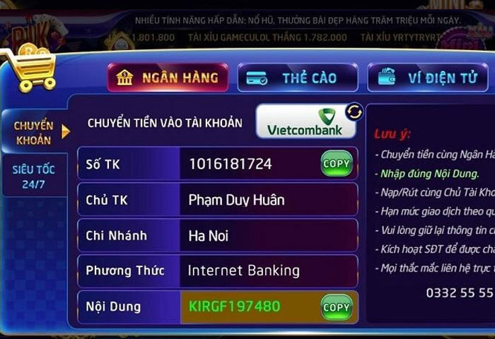 Hướng dẫn nạp tiền thông qua Internet Banking