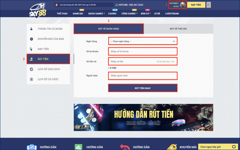 Rút tiền về tài khoản ngân hàng